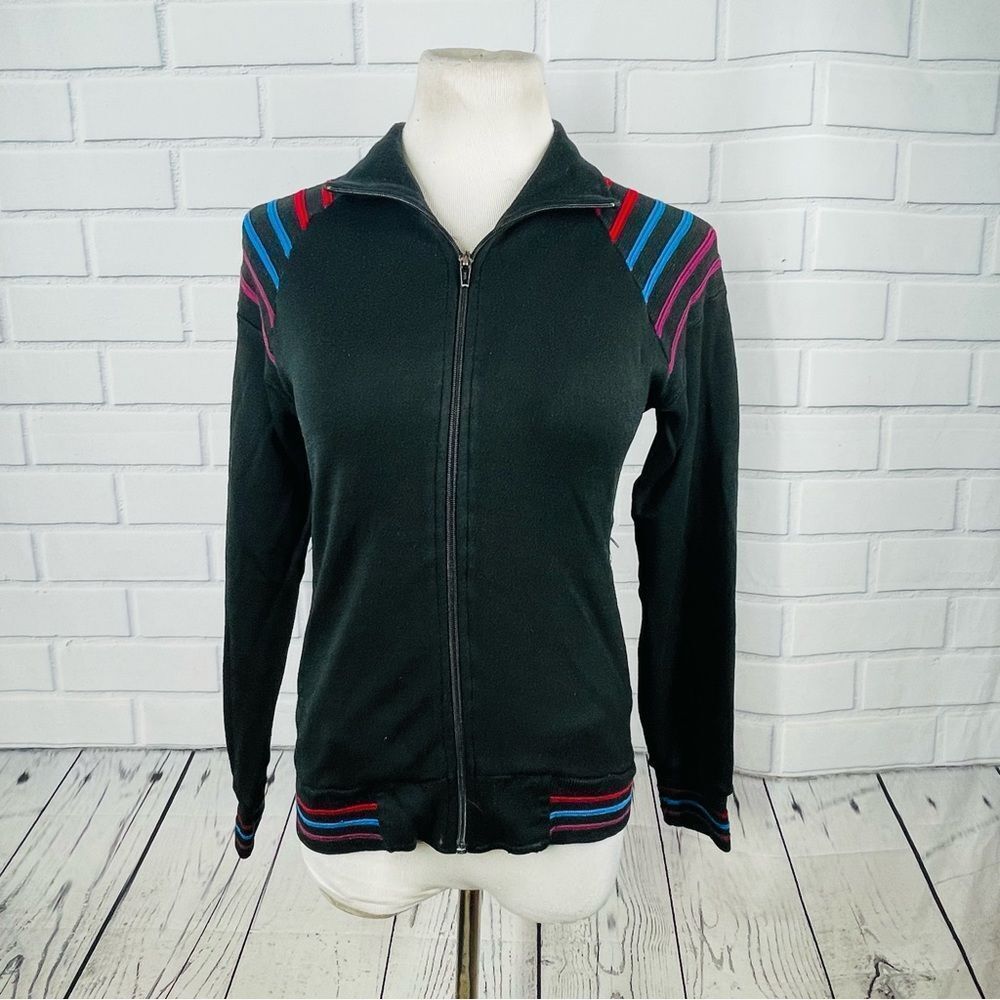 10/25🦋 Vintage Oshman's Sportswear Black Jacket w/ Shoulder Stripes - Size Small